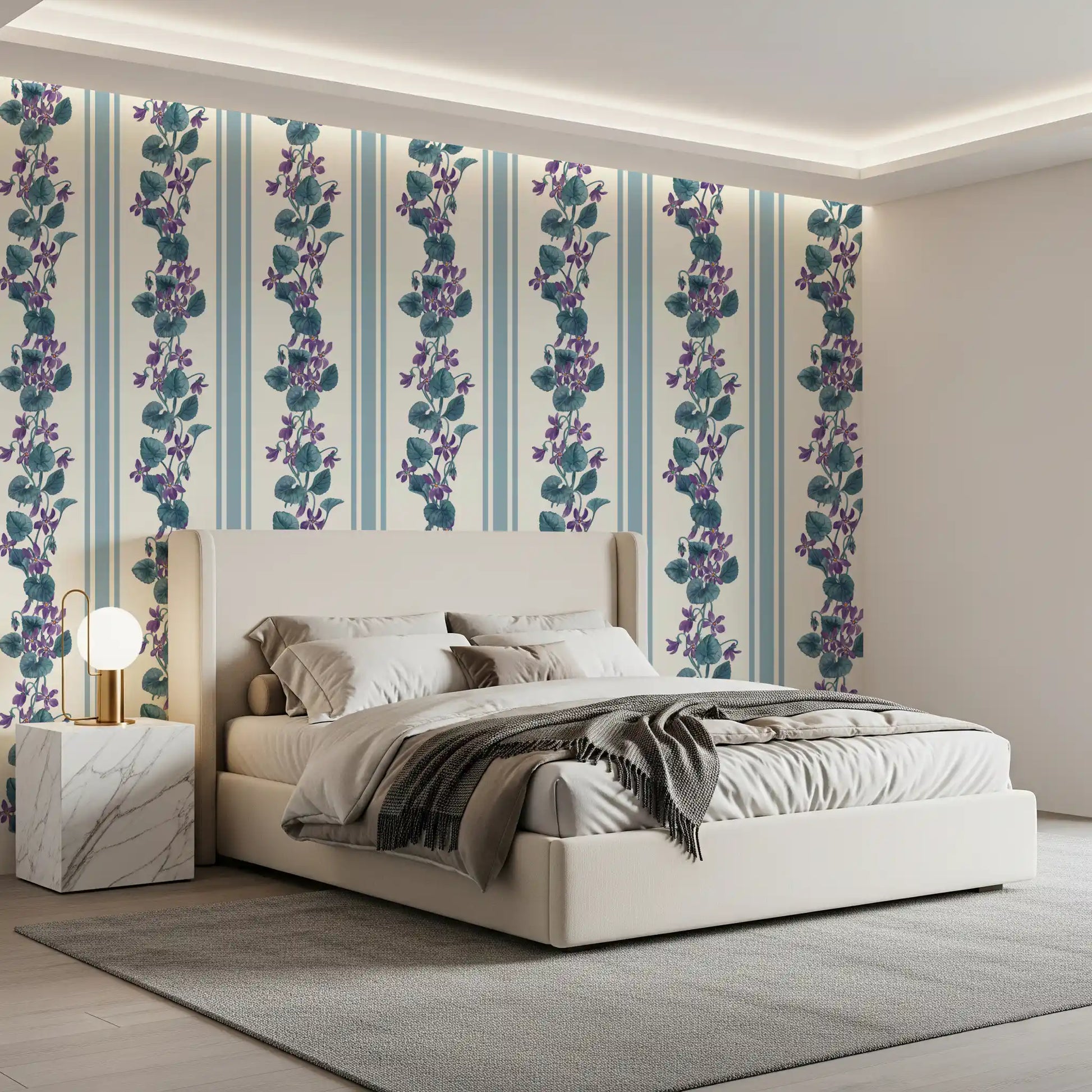 Bedroom with Blue Violet Floral Wallpaper and classic striped pattern