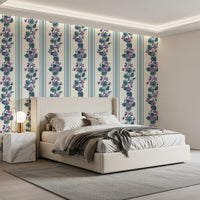 Bedroom with Blue Violet Floral Wallpaper and classic striped pattern
