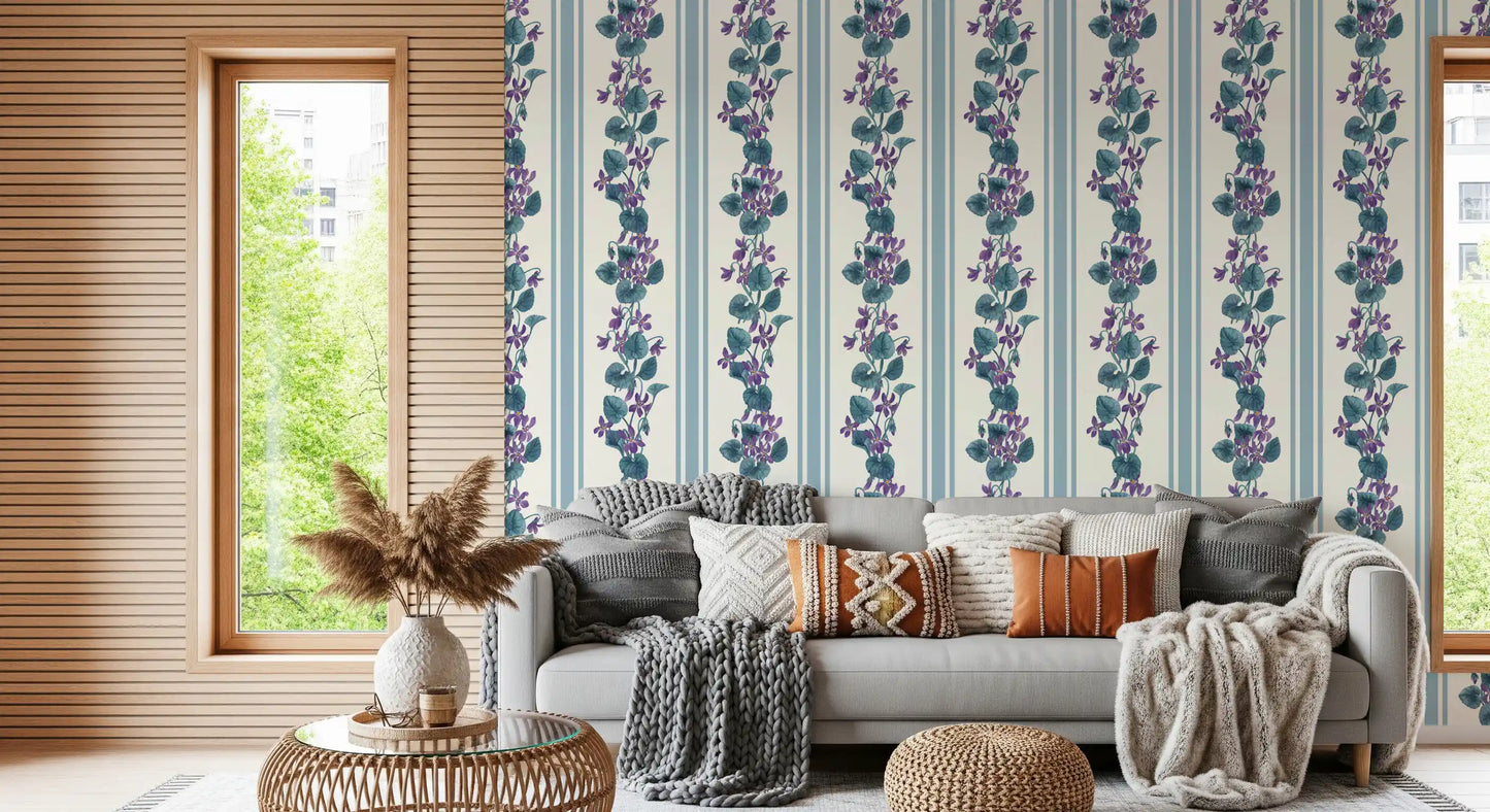 Living room styled with Violet Stripe Wallpaper and leafy floral movement