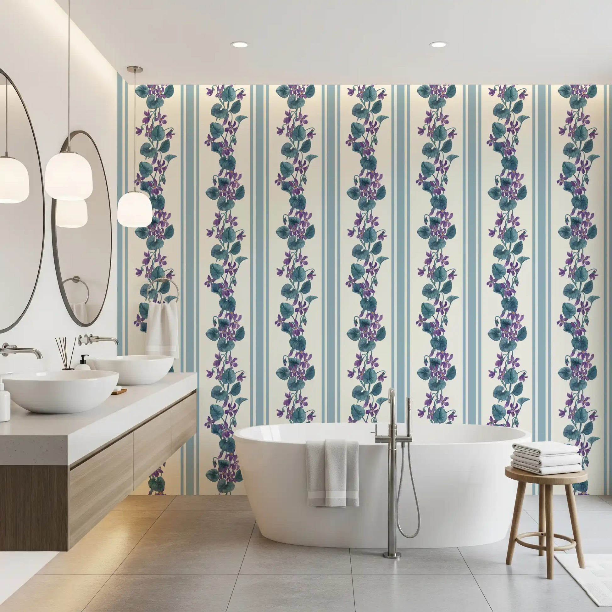 Bathroom featuring Stripes and Violets Wallpaper with botanical blue detail