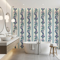 Bathroom featuring Stripes and Violets Wallpaper with botanical blue detail