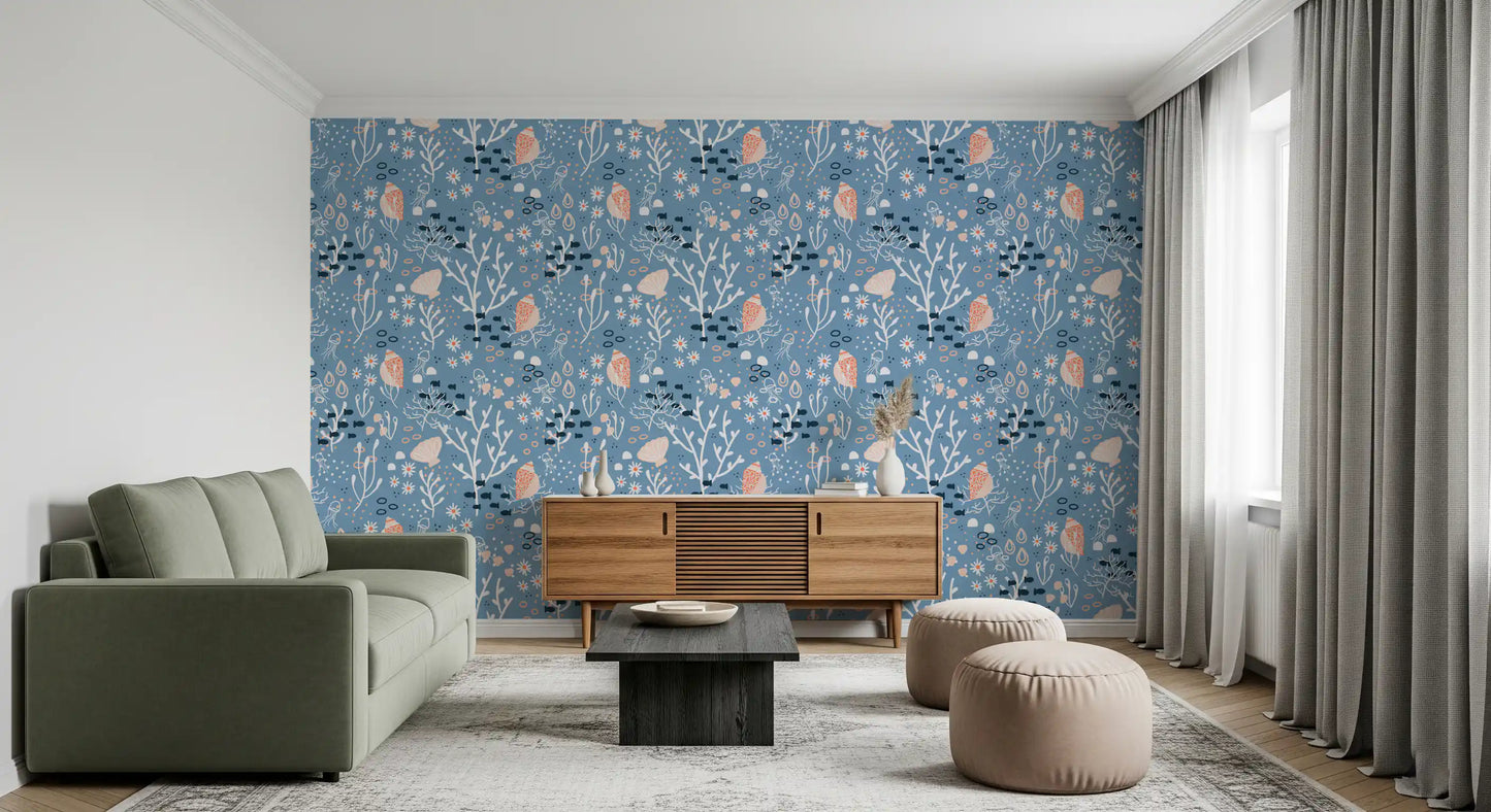 Hallway showing coastal shell wallpaper with jellyfish and coral line art