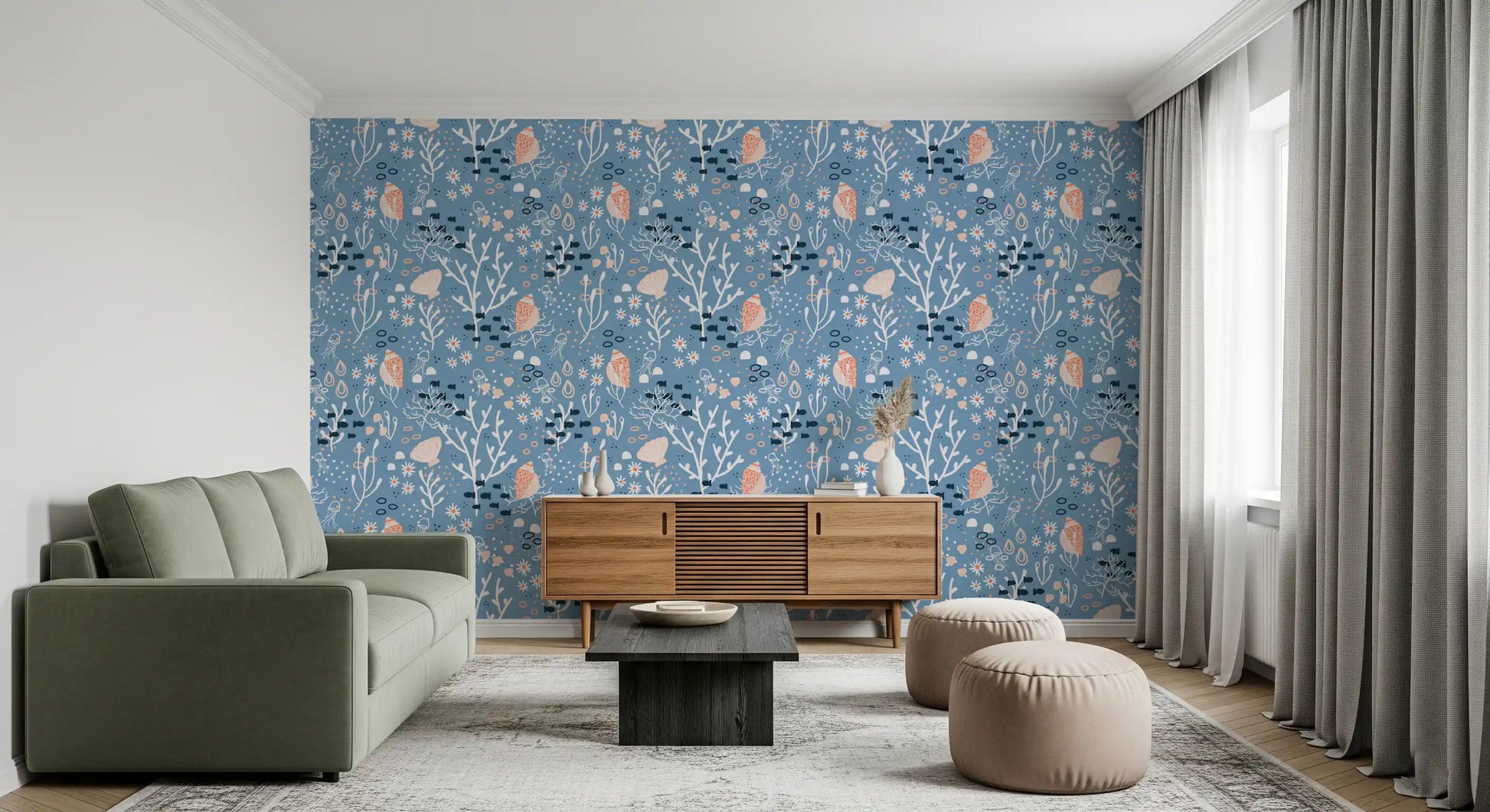 Hallway showing coastal shell wallpaper with jellyfish and coral line art