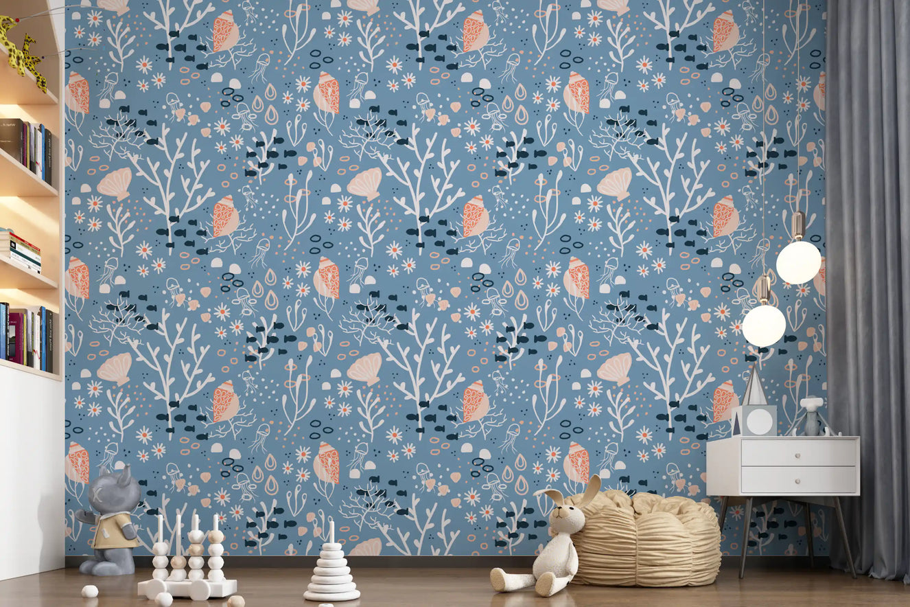 Kids room with Seashells Wallpaper in blue ocean color and coral shell detail