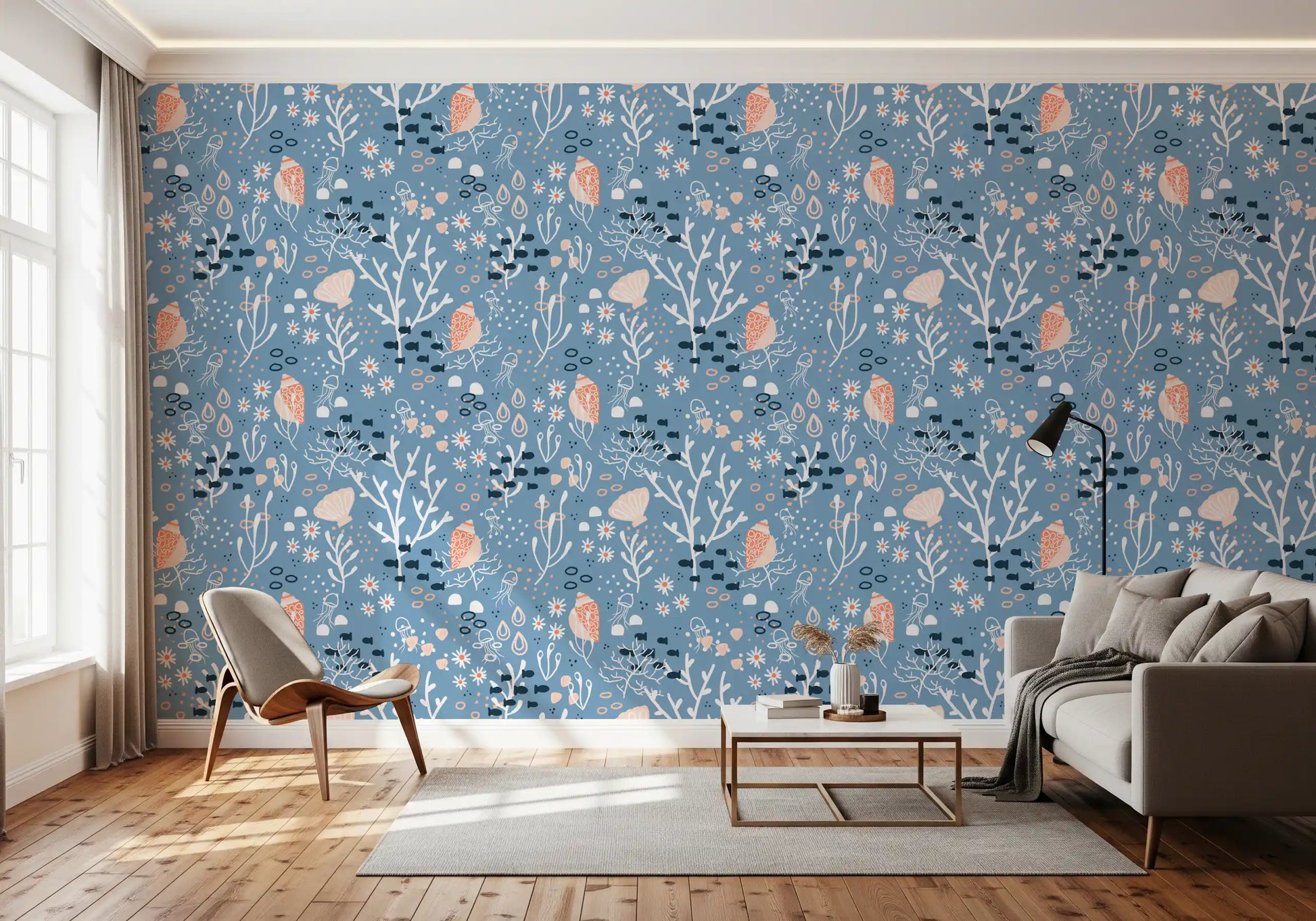Marine wallpaper with seashell motifs, coral lines, and dotted ocean detail