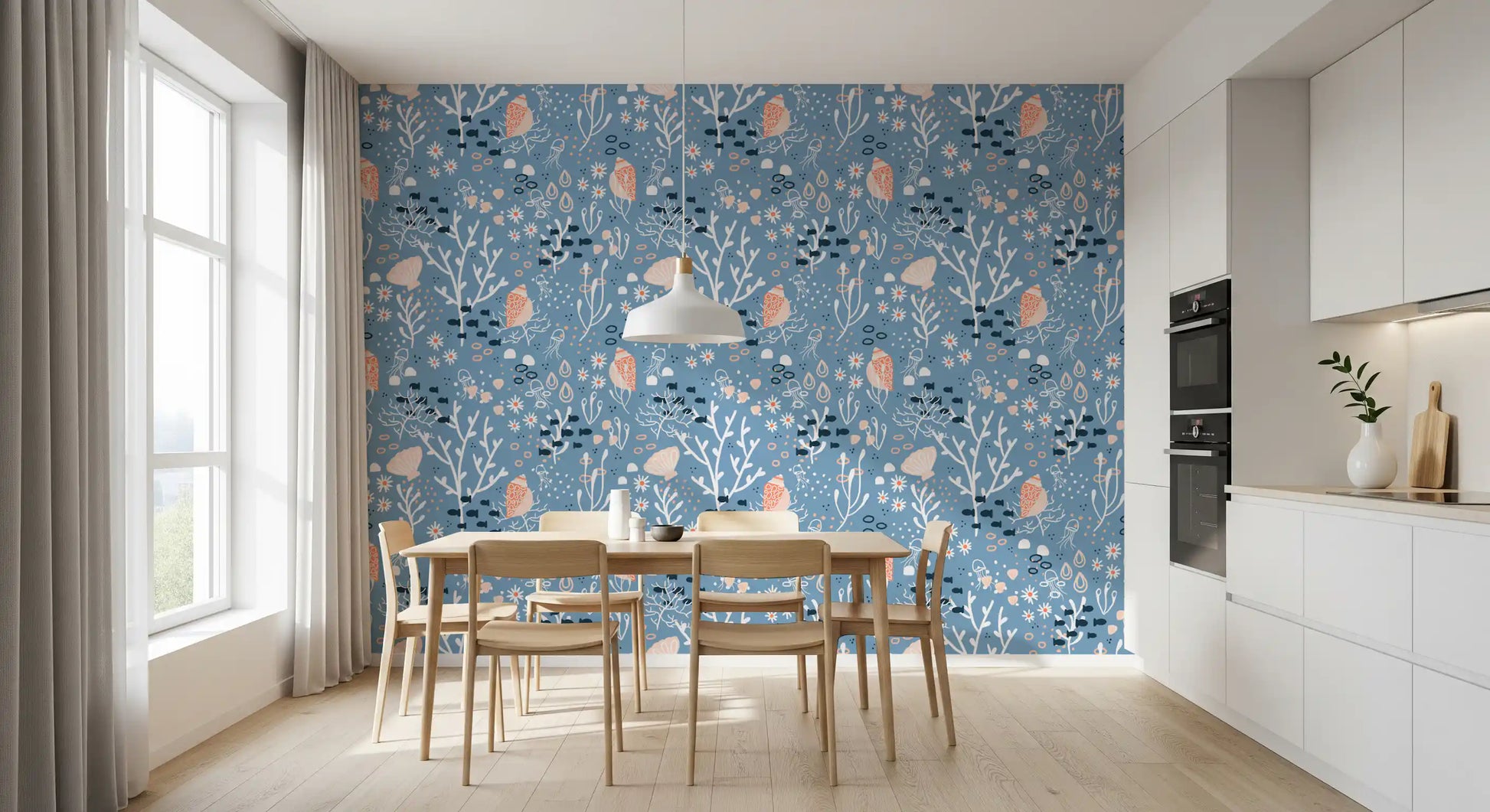 Seashells Wallpaper with coral shapes, fish motifs, and blue sea pattern