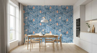 Seashells Wallpaper with coral shapes, fish motifs, and blue sea pattern