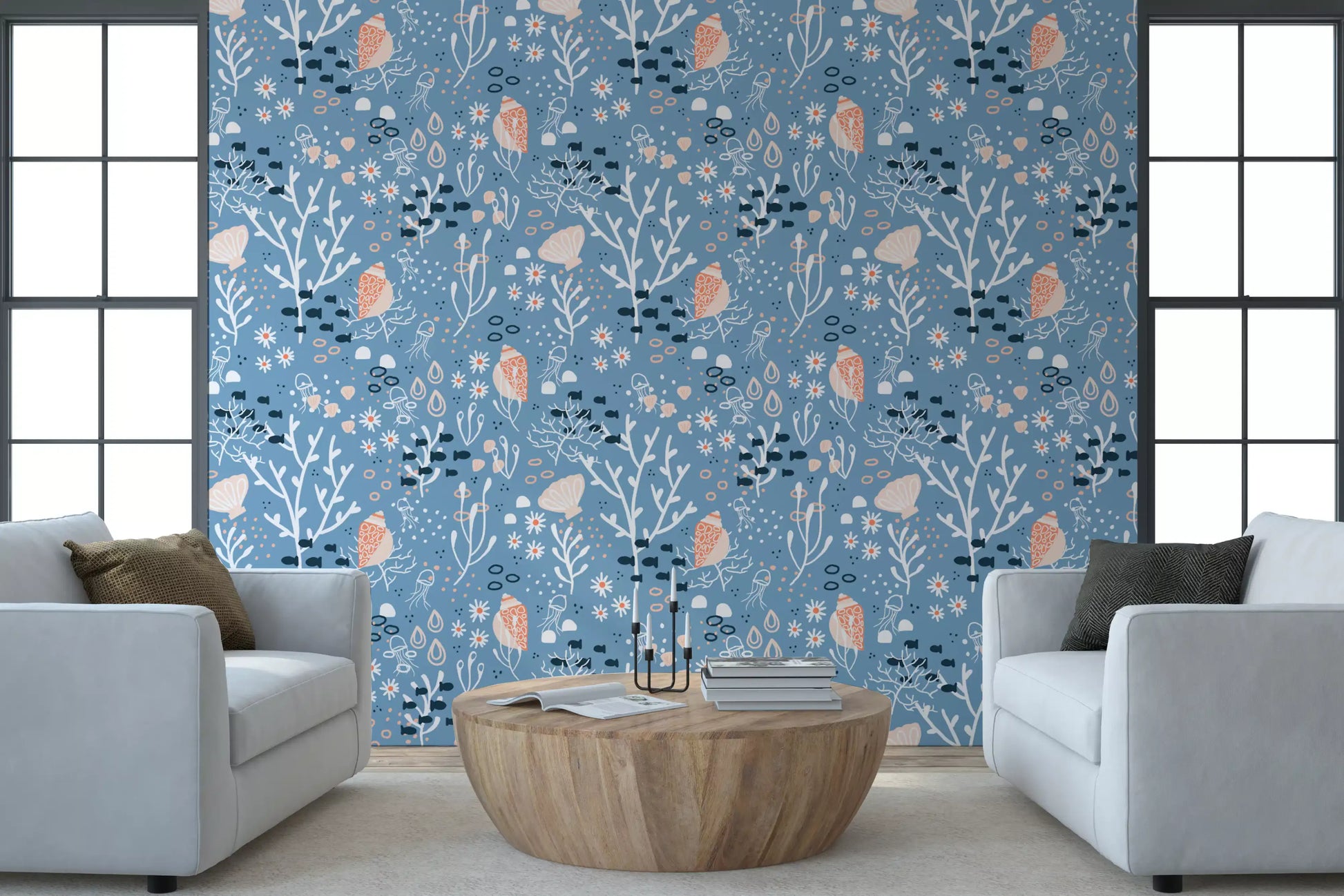 Seashells Wallpaper - Soft Blue Seaside Shell Pattern Decor
