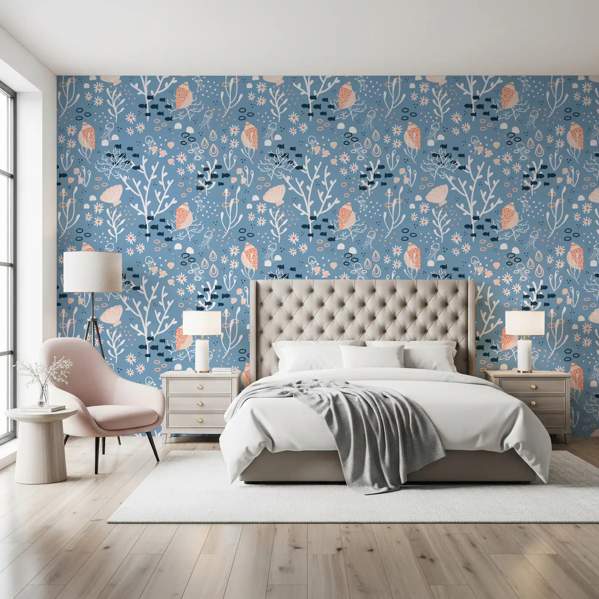 Blue seashell wallpaper showing peach shells, white coral, and marine dots