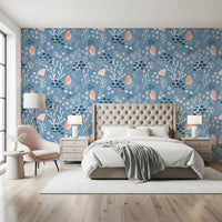 Blue seashell wallpaper showing peach shells, white coral, and marine dots