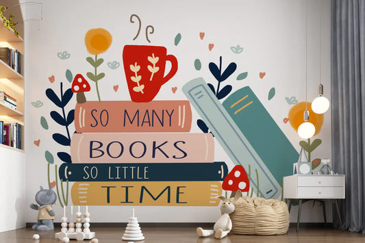 Hand-lettered reading quote sitting on Books So Little Time wall mural