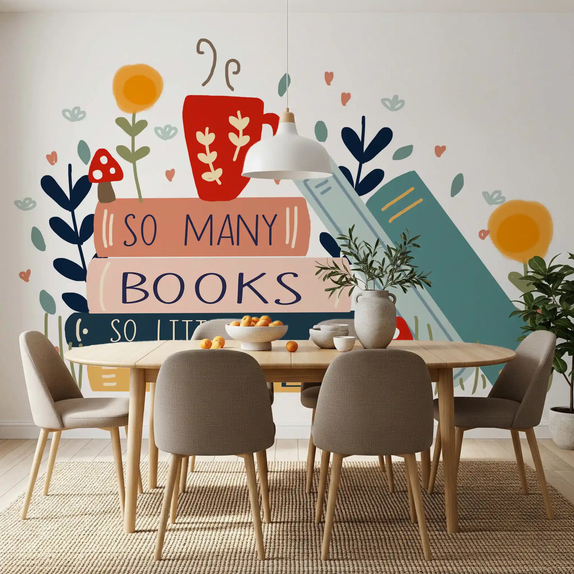 Toadstools, sunflowers, and tea cup gathered into Books So Little Time wall mural