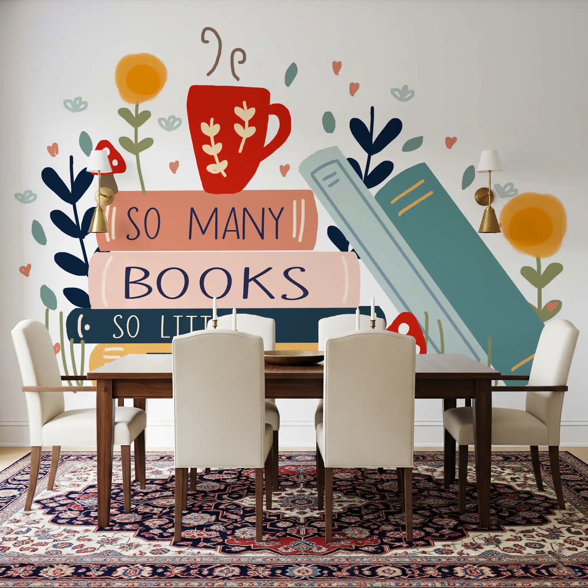 Reading nook backdrop with So Many Books So Little Time wall mural and book stack