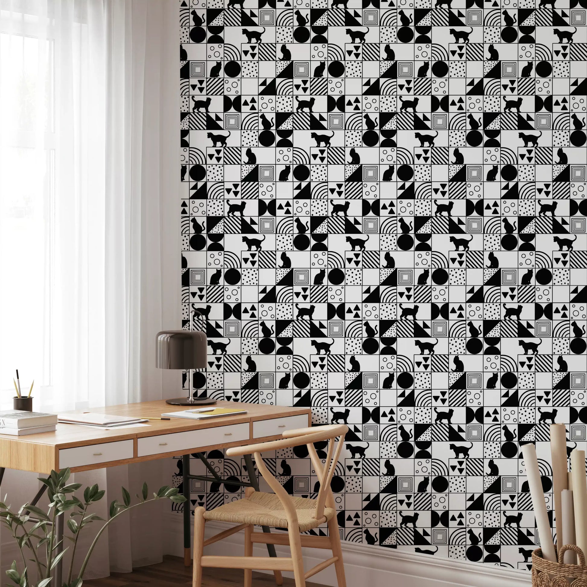 Dining room wall set in Monochrome Cat Maze wallpaper of cats and shapes