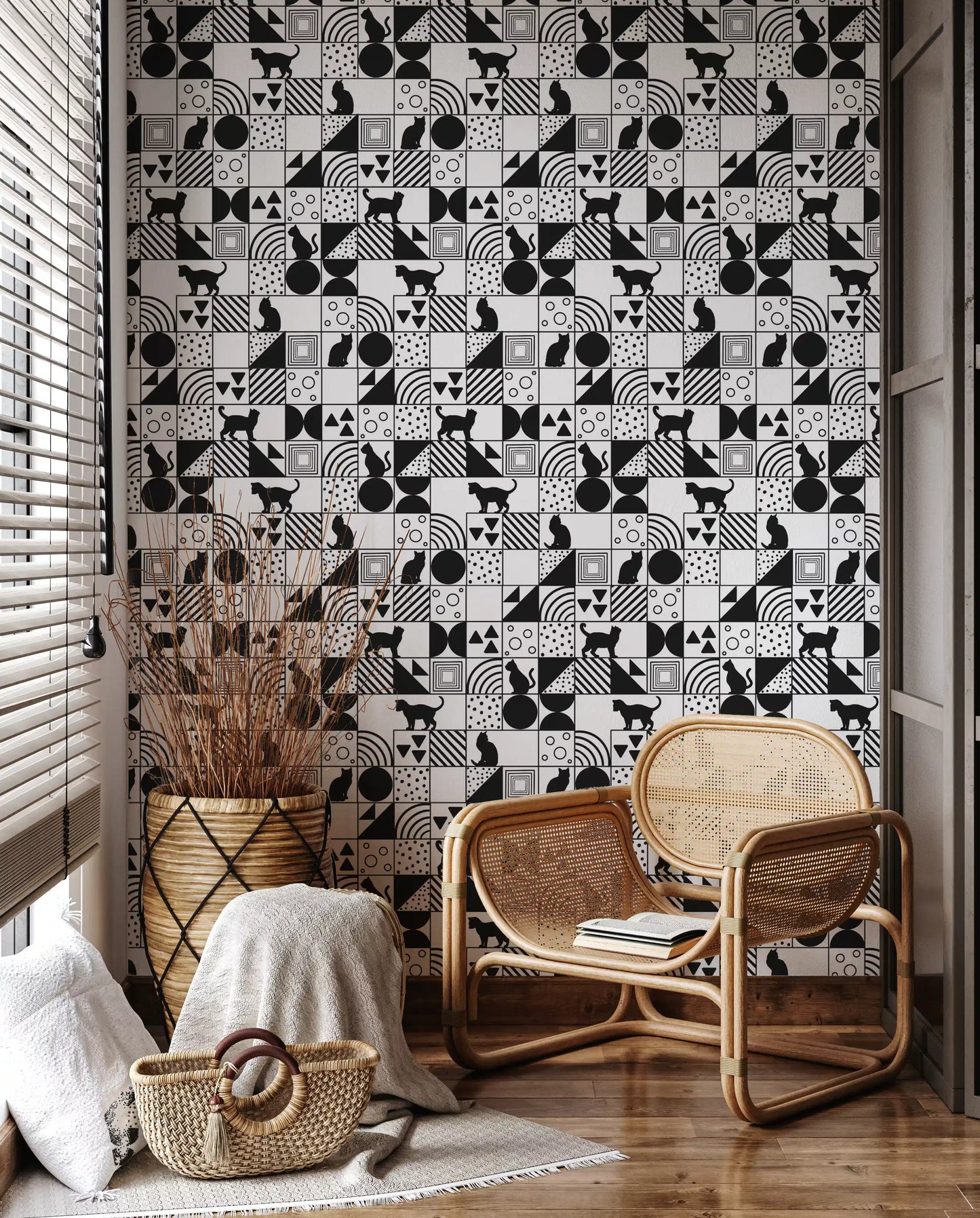 Black cat silhouettes inside grid tiles on Monochrome Cat Maze wallpaper