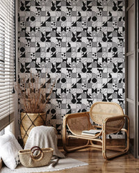 Black cat silhouettes inside grid tiles on Monochrome Cat Maze wallpaper