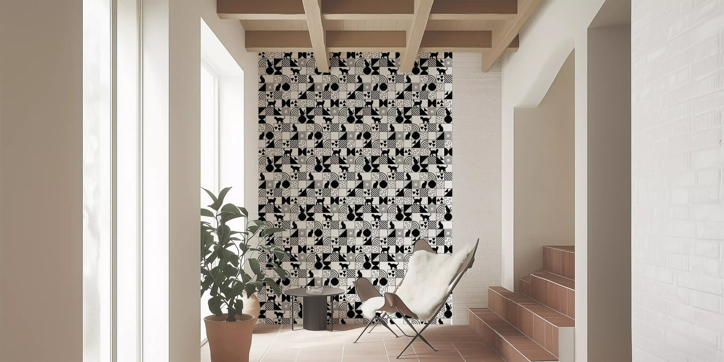 Geometric mosaic of squares and cats across Monochrome Cat Maze wallpaper