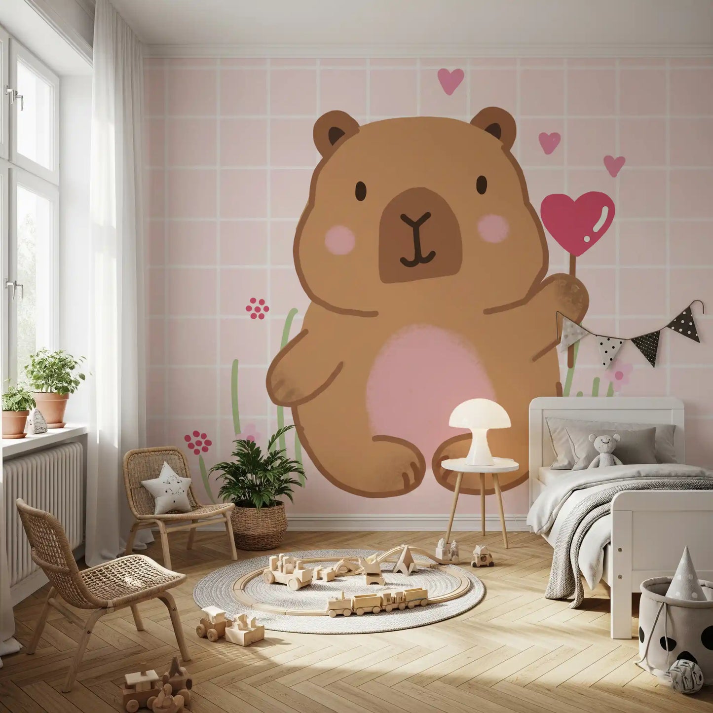 Kids room wall set in Capybara in Love wall mural with floral accents