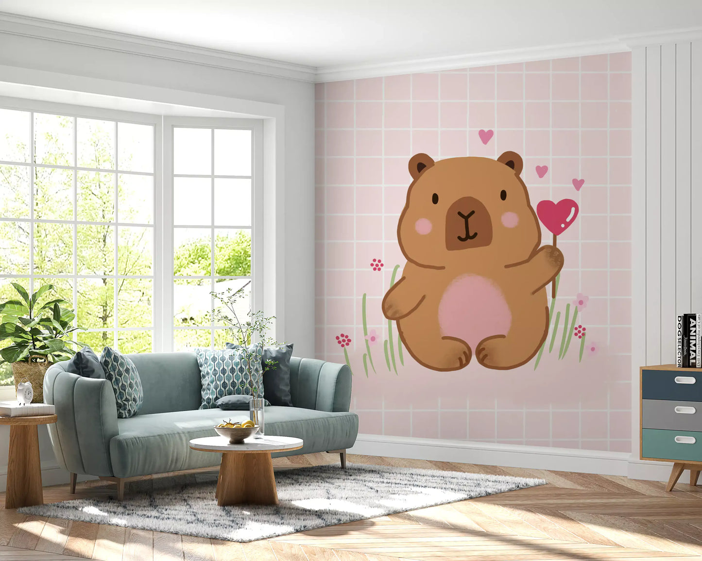 Living room wall finished in Capybara in Love wall mural with cute brown character