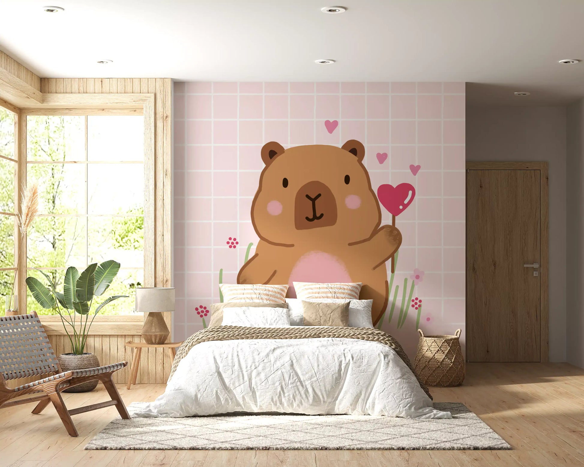 Cute brown capybara holding a heart on Capybara in Love wall mural