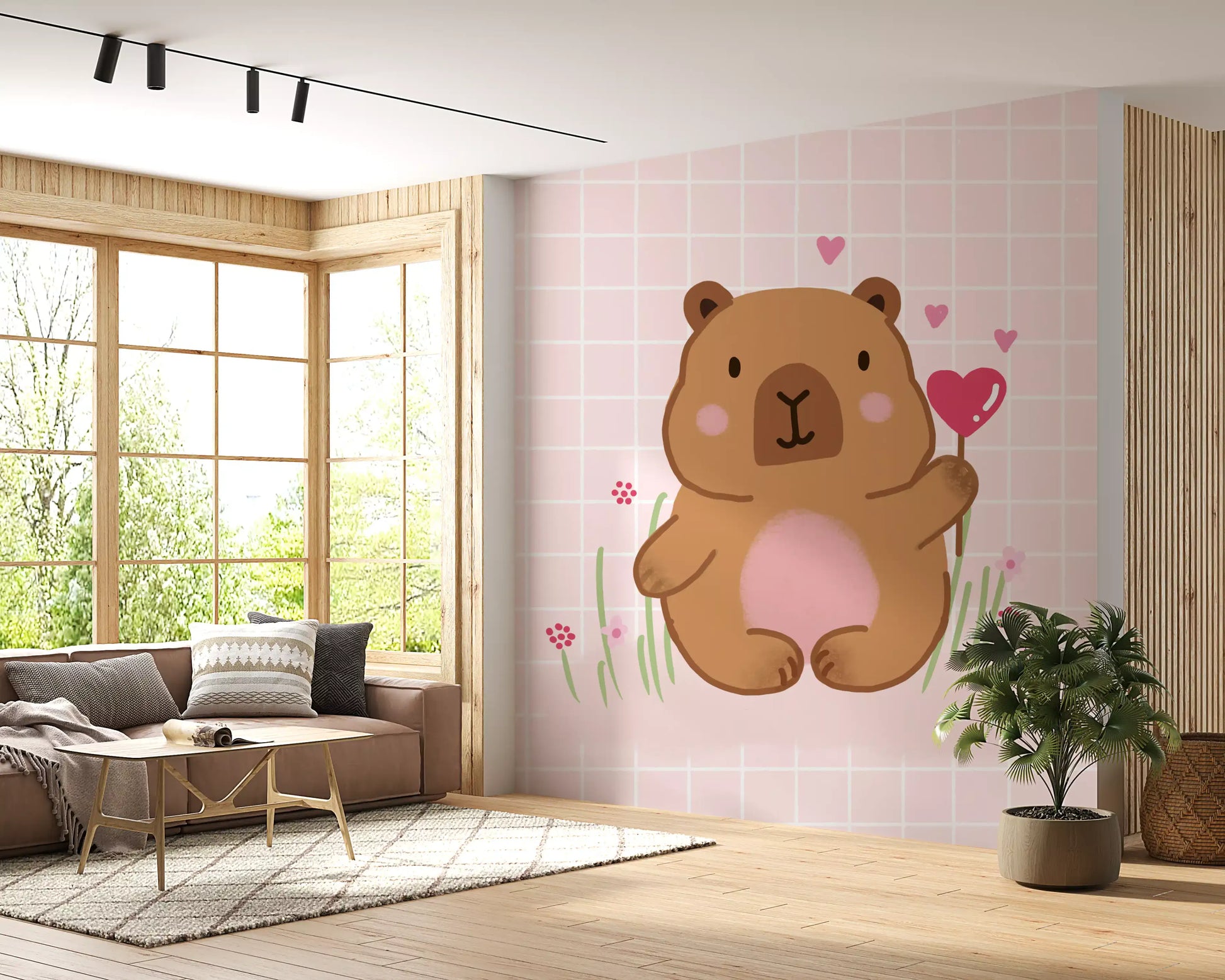 Hallway dressed in Capybara wall mural showing pink hearts and grid backdrop
