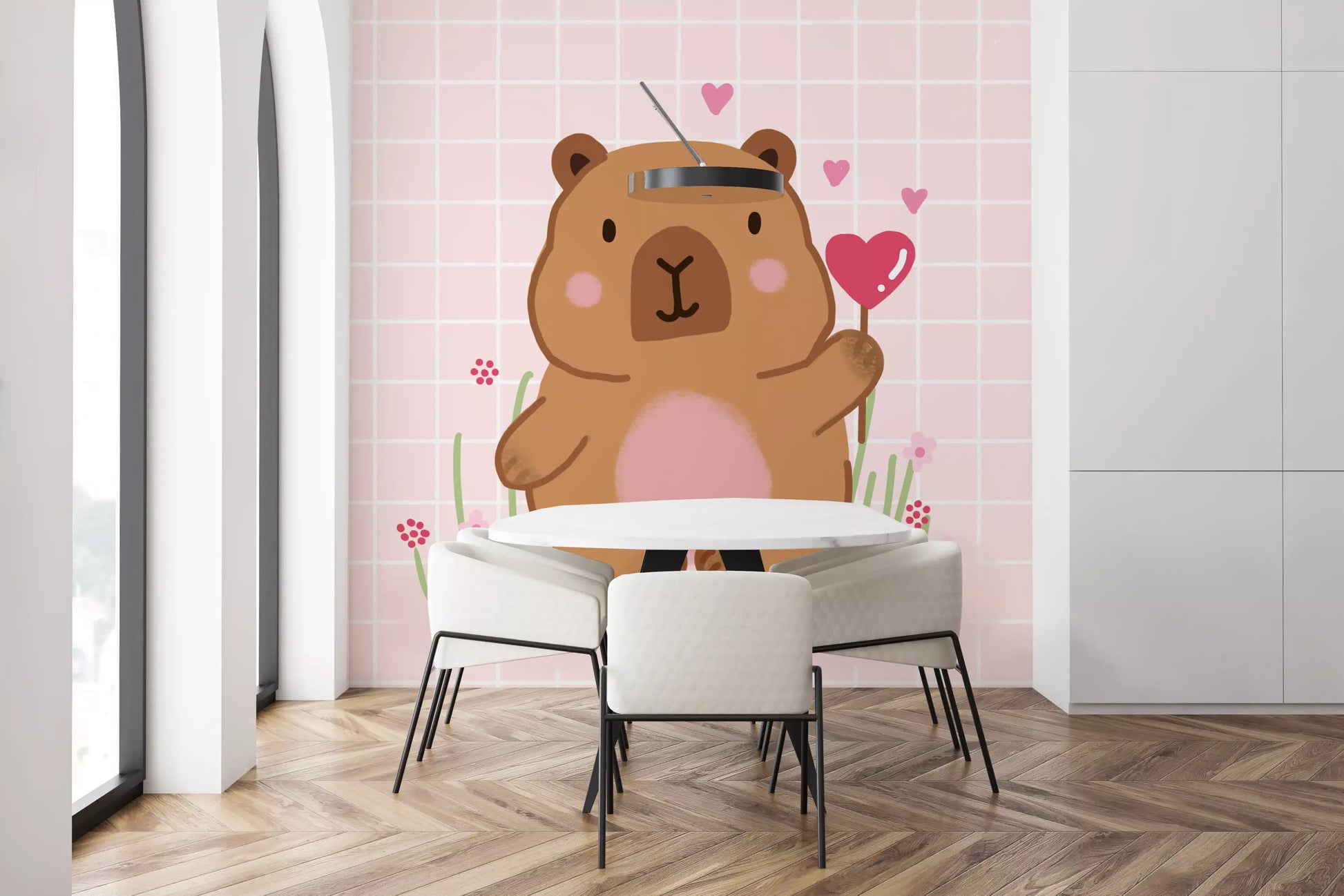 Dining room corner finished with Capybara wall mural and soft pink palette