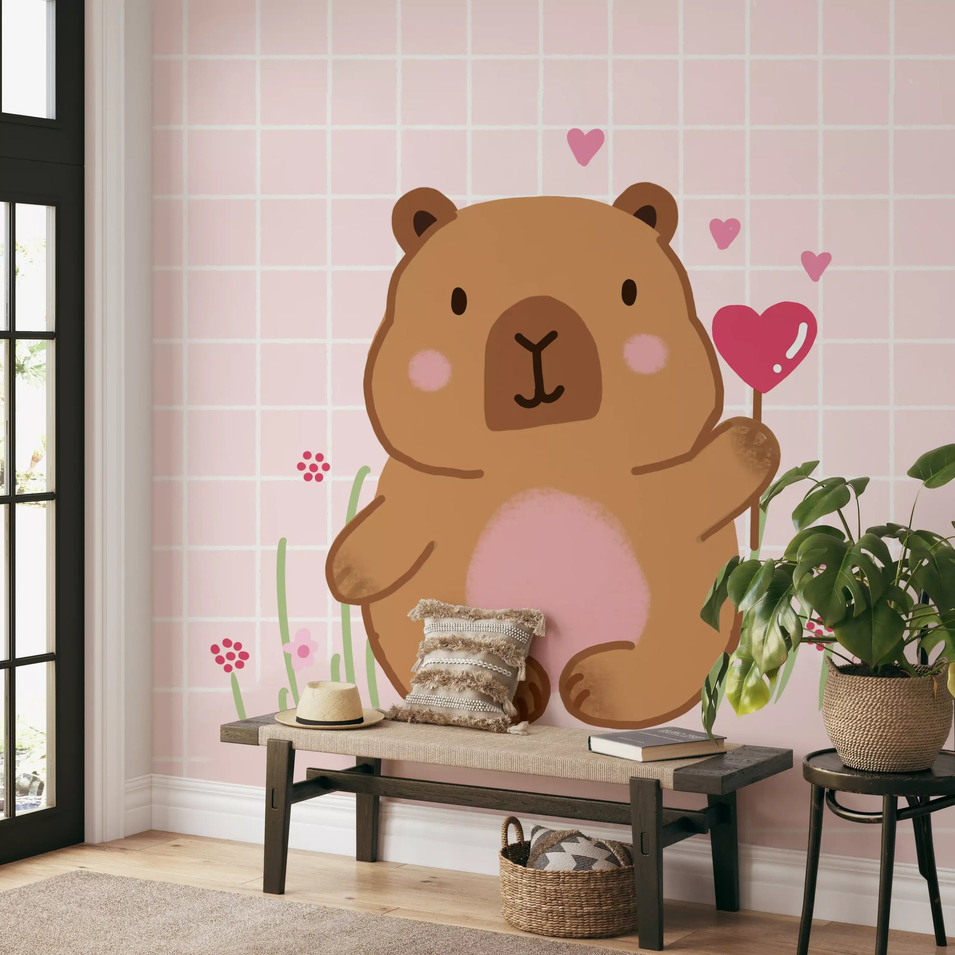 Hand-drawn animal motif gathered into Capybara in Love wall mural artwork