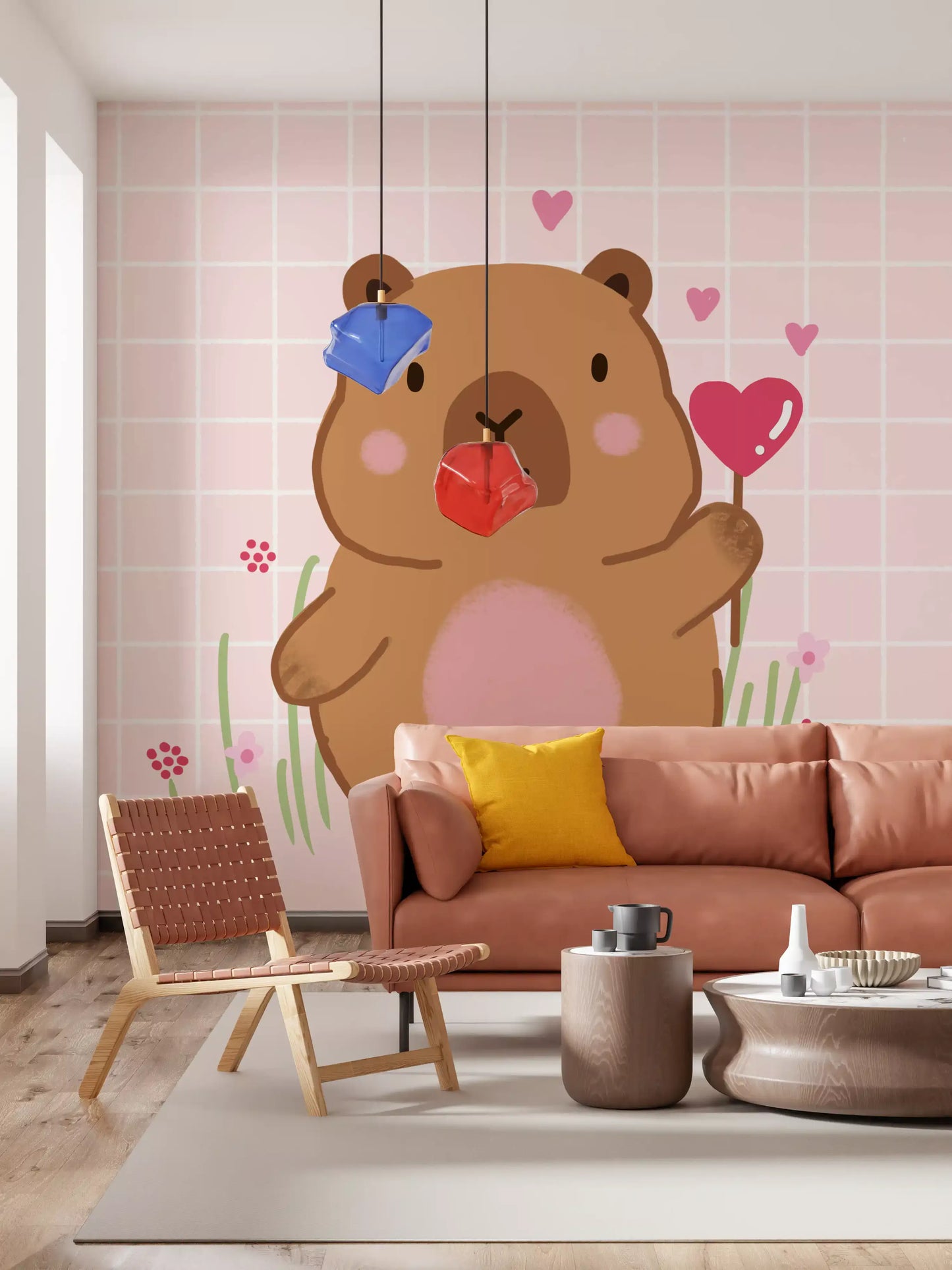 Pink grid backdrop and tiny hearts shaping Capybara wall mural design