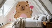 Bedroom feature wall styled with Capybara in Love wall mural artwork