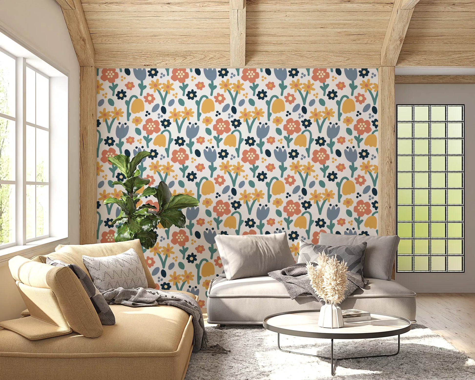 Hallway feature wall styled in Playful Meadow wallpaper artwork