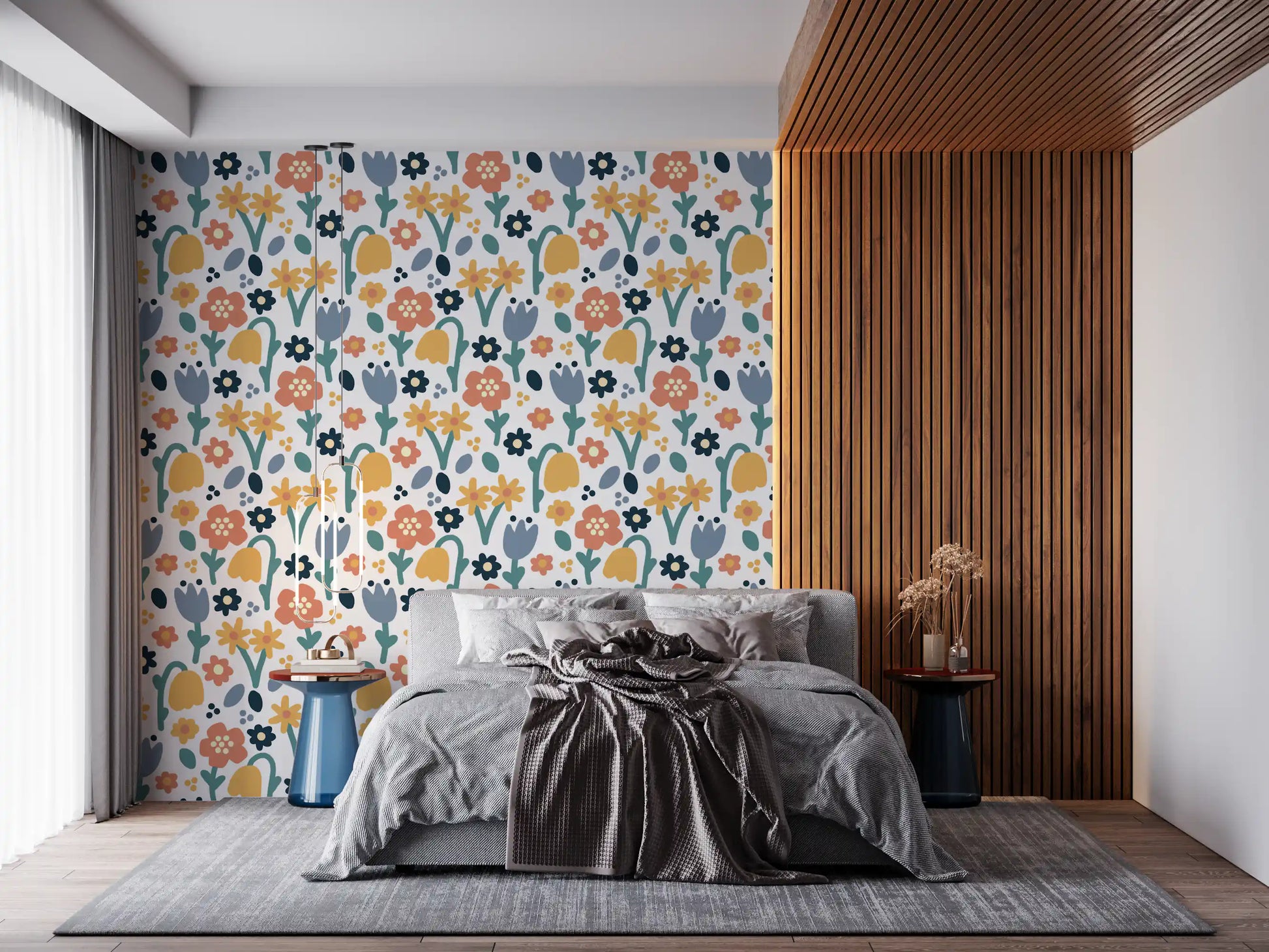 Folk-style florals and small dots on Meadow wallpaper backdrop