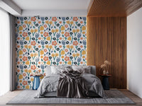 Folk-style florals and small dots on Meadow wallpaper backdrop