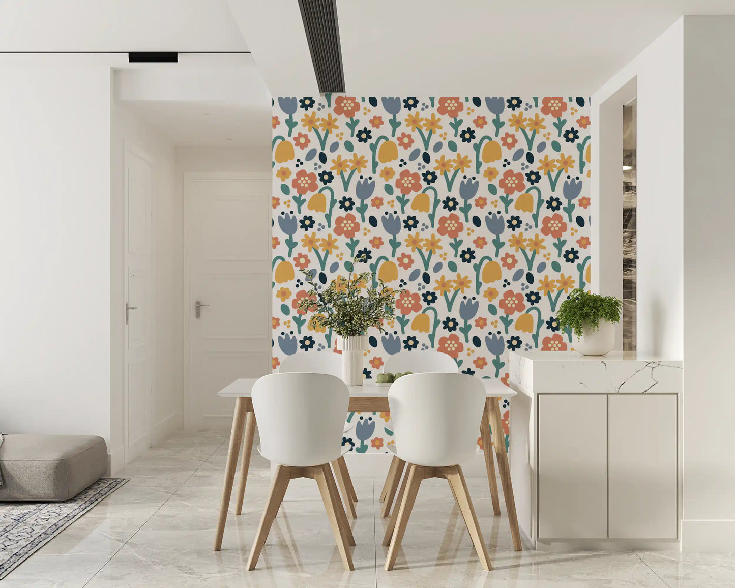 Sketched tulips and daisies running through Meadow wallpaper artwork