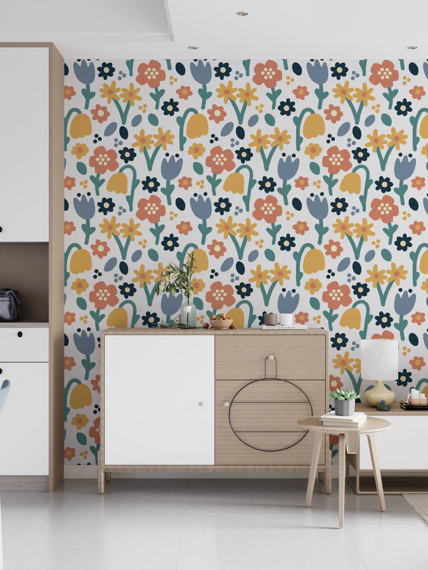 Mixed flower shapes on a white base shaping Playful Meadow wallpaper