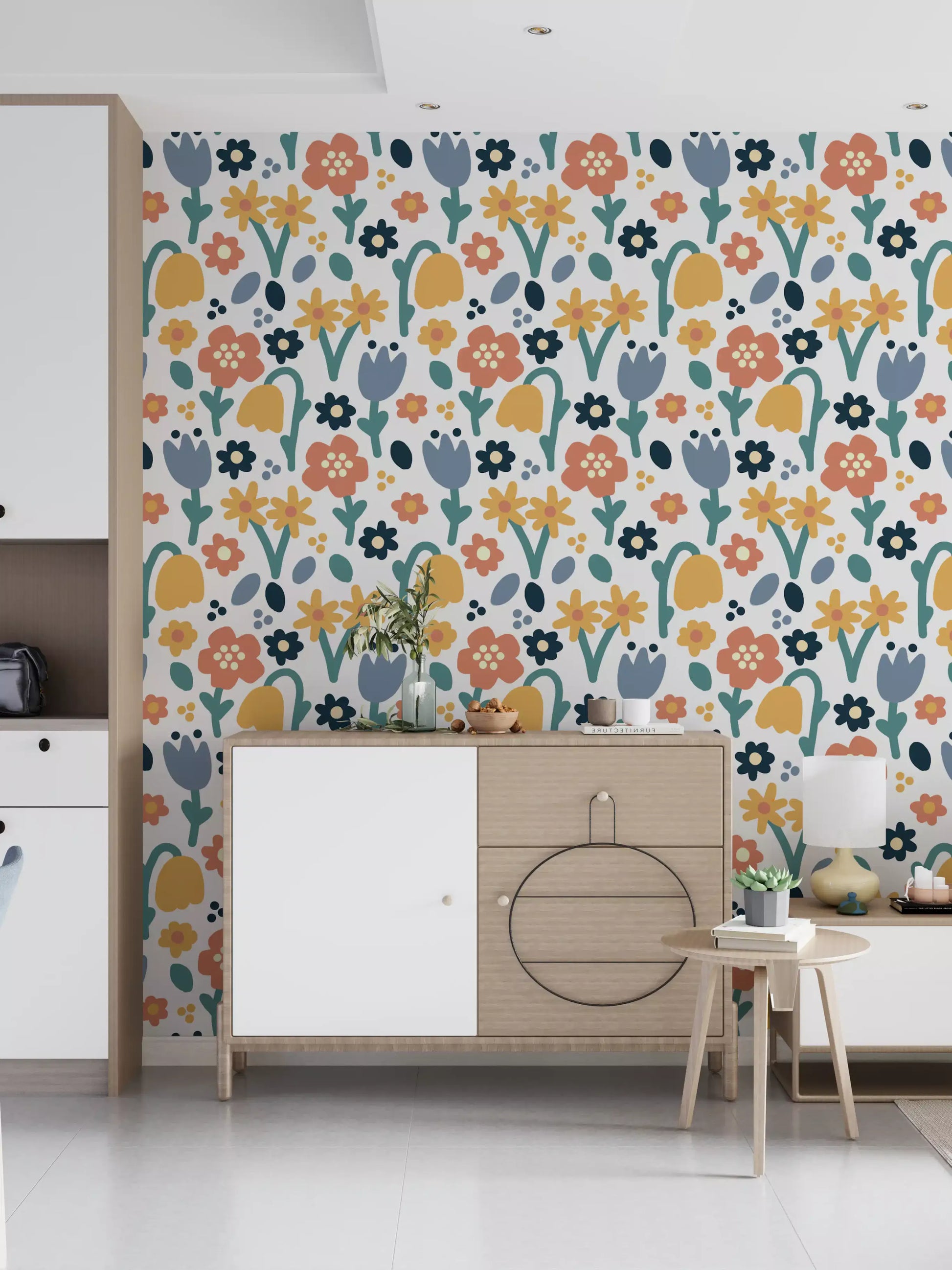 Mixed flower shapes on a white base shaping Playful Meadow wallpaper