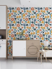 Mixed flower shapes on a white base shaping Playful Meadow wallpaper