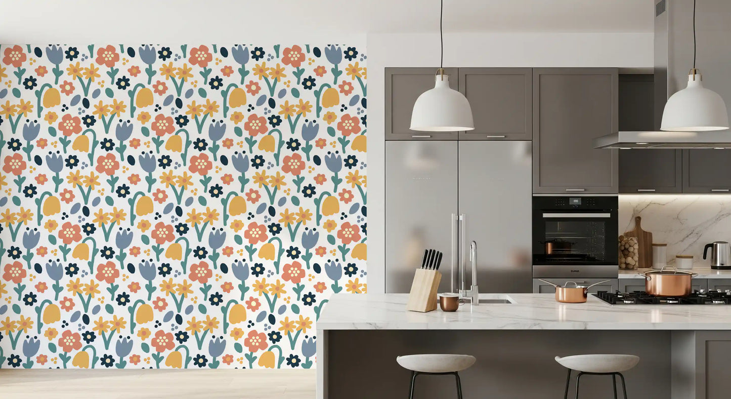 Coral, yellow, navy, and blue blooms across Playful Meadow wallpaper