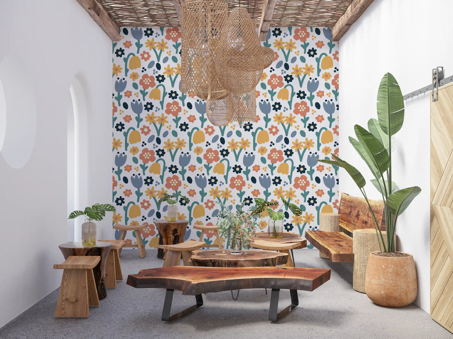 Cheerful garden motif gathered into Playful Meadow wallpaper