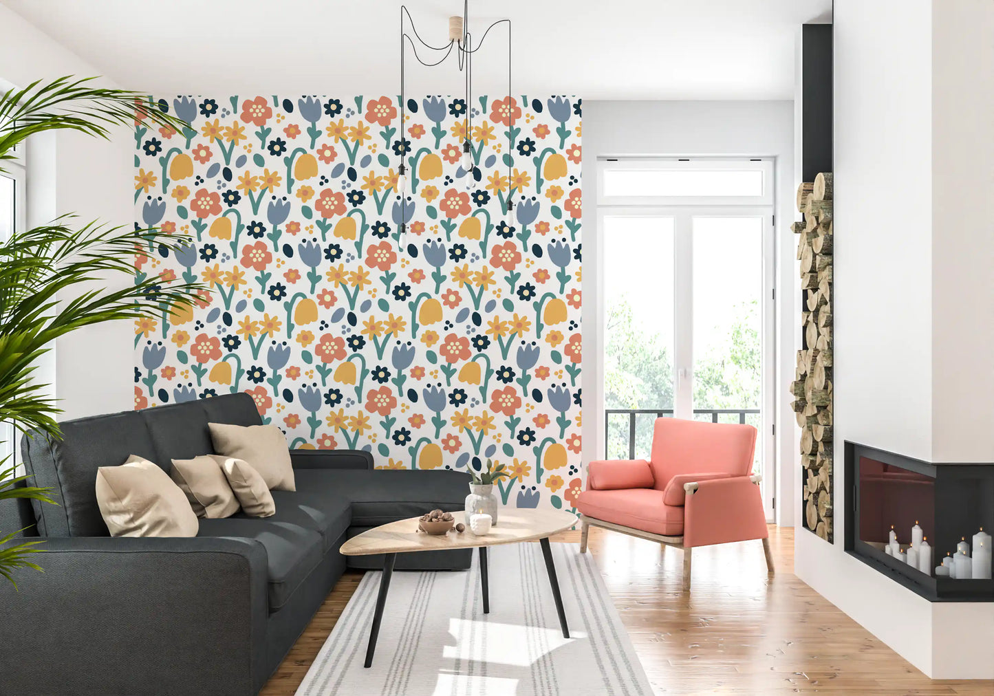 Living room corner finished with Playful Meadow wallpaper floral layout