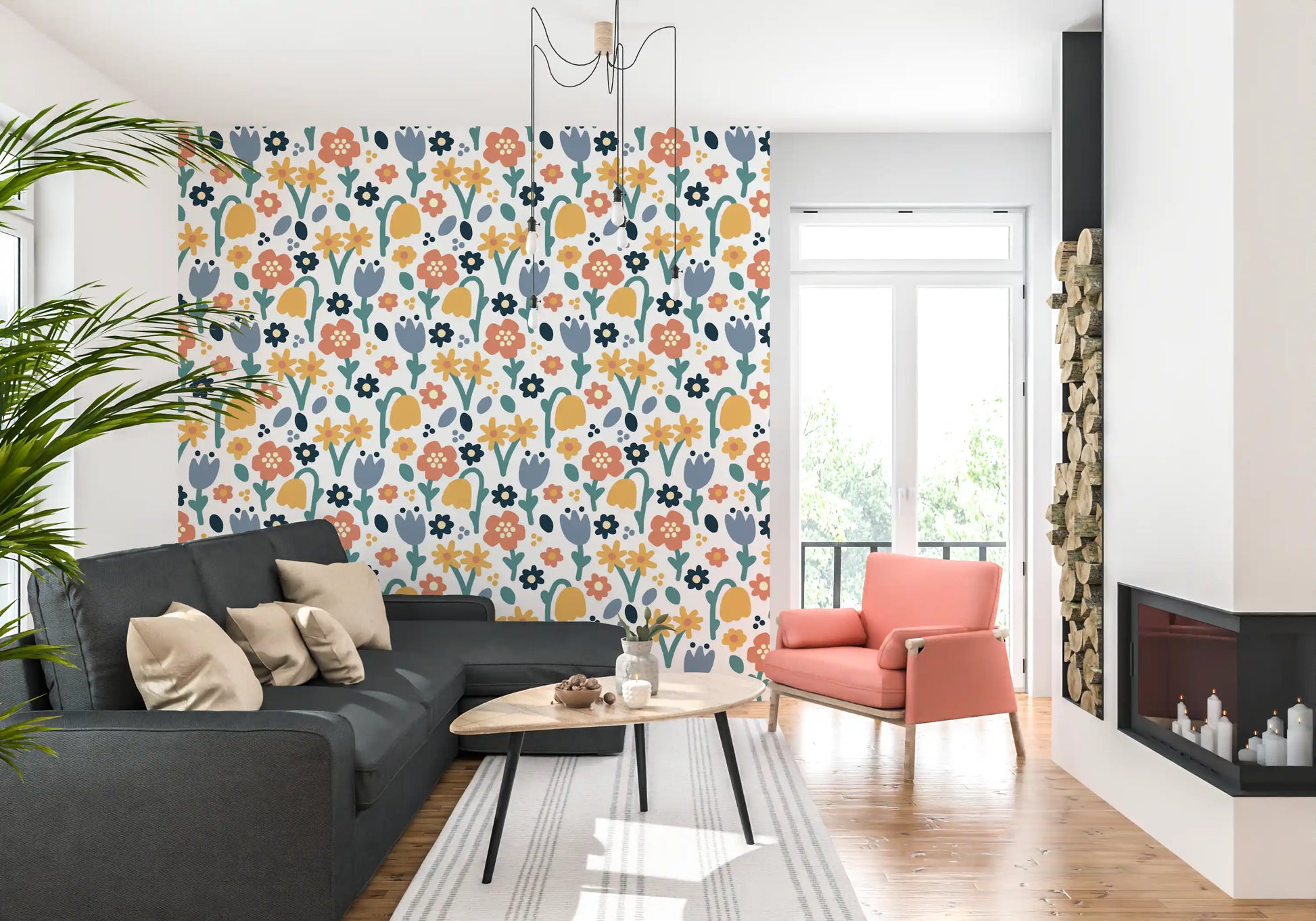 Living room corner finished with Playful Meadow wallpaper floral layout