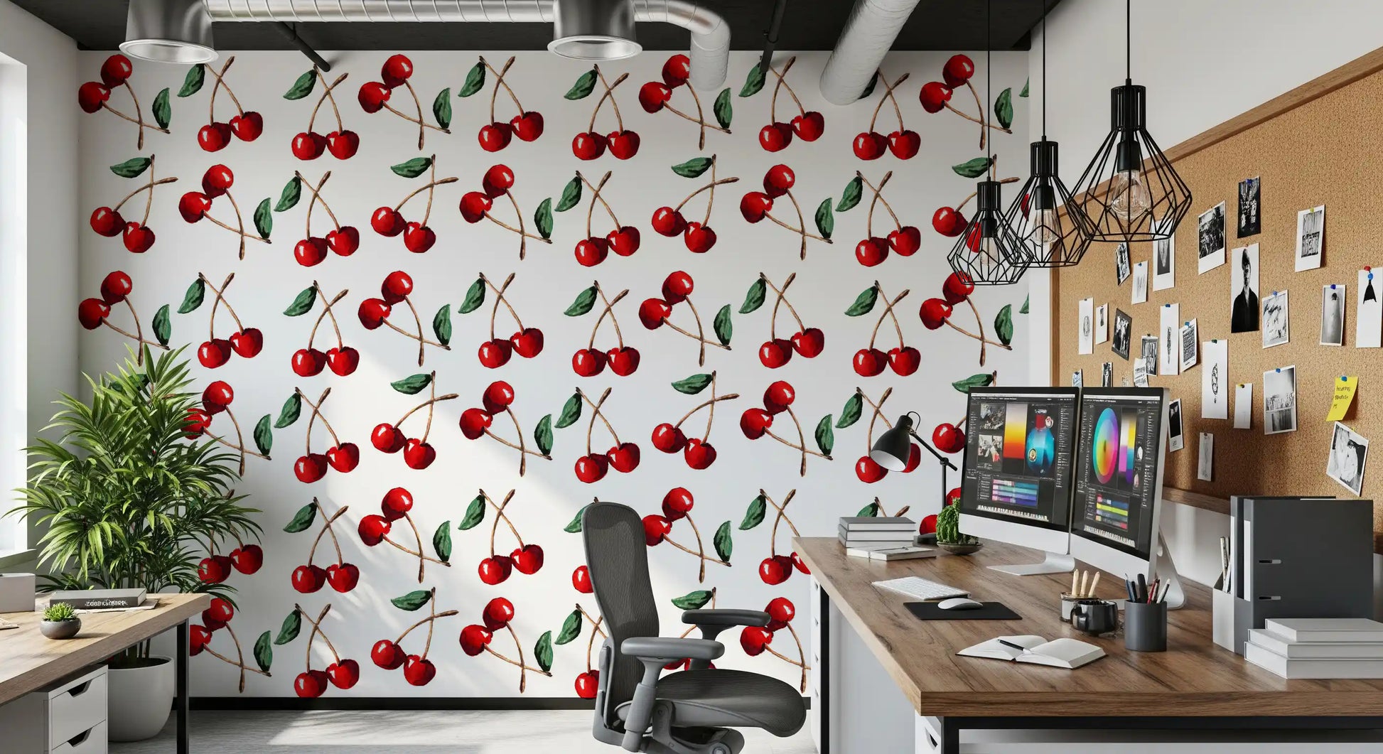 Study room corner finished with Watercolor Cherries wallpaper pattern
