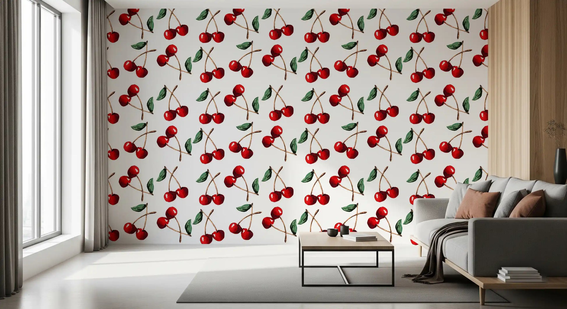 Hallway feature wall styled in Watercolor Cherries wallpaper artwork
