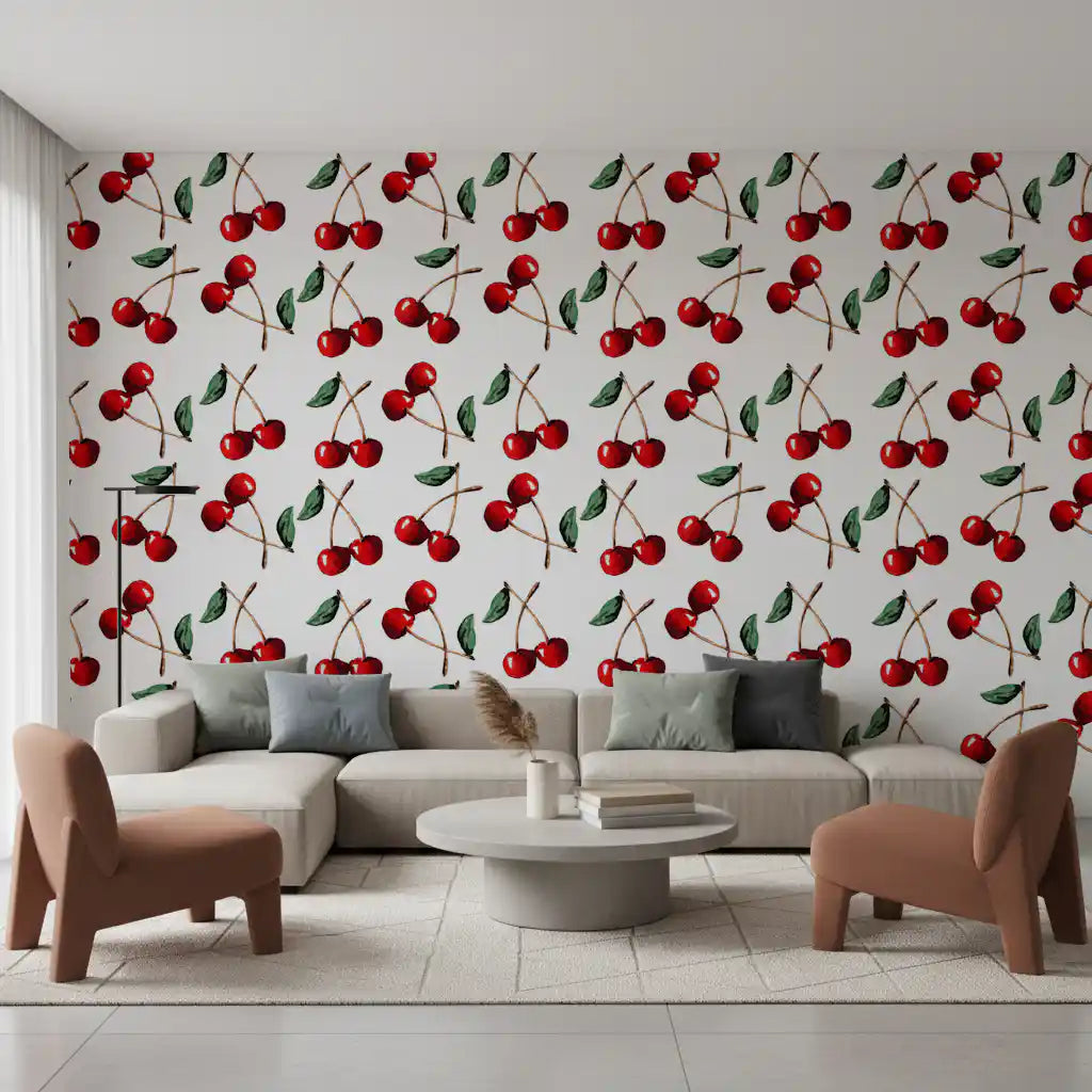 Living room dressed with Cherries wallpaper showing painted red fruit clusters
