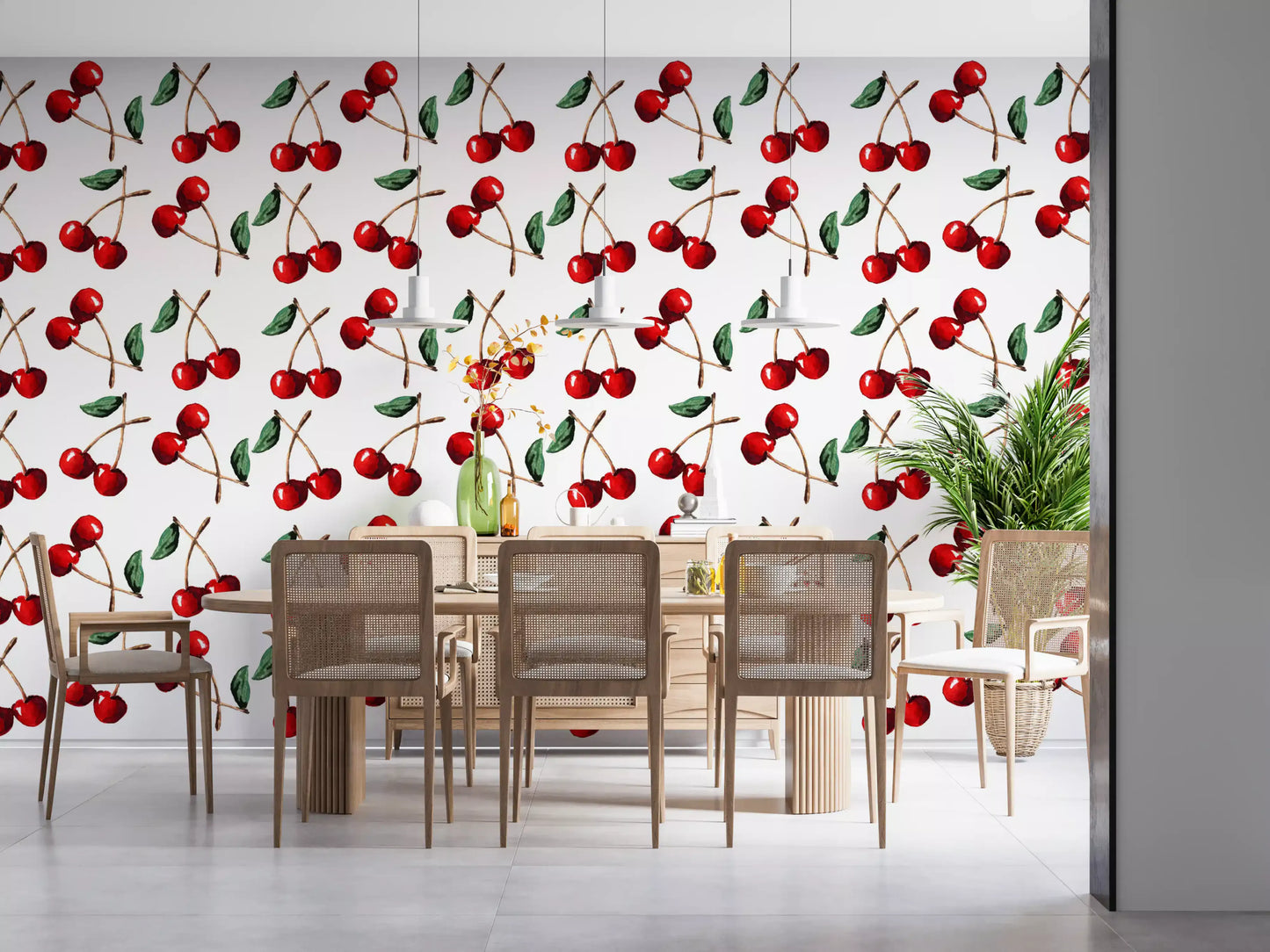 Glossy red cherries with green leaves on Watercolor Cherries wallpaper
