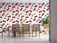 Glossy red cherries with green leaves on Watercolor Cherries wallpaper