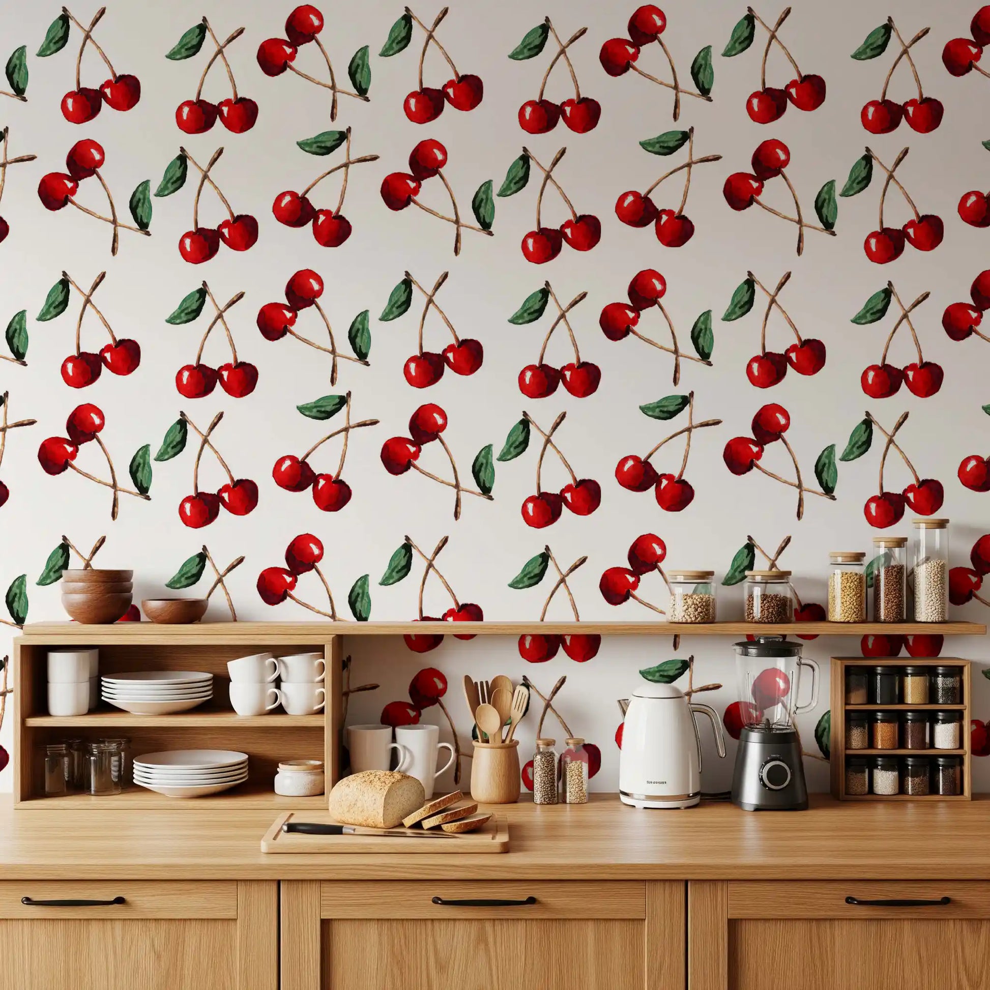 Kitchen area wall finished in Watercolor Cherries wallpaper with red fruit pairs
