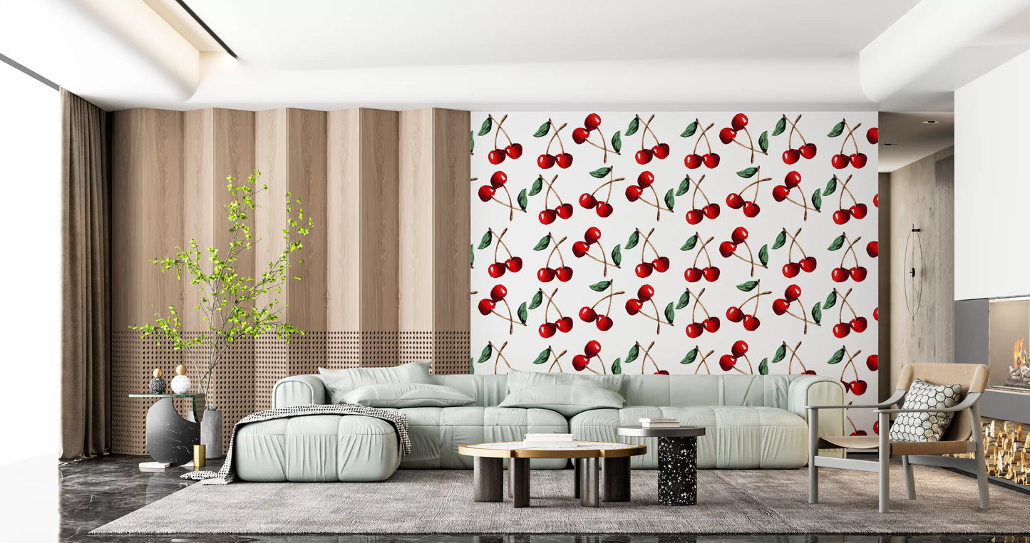 Dining room wall set in Watercolor Cherries wallpaper and green leaves