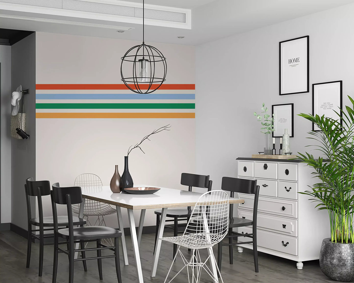 Dining room dressed in Horizontal Stripes wall mural showing red, blue, green, yellow
