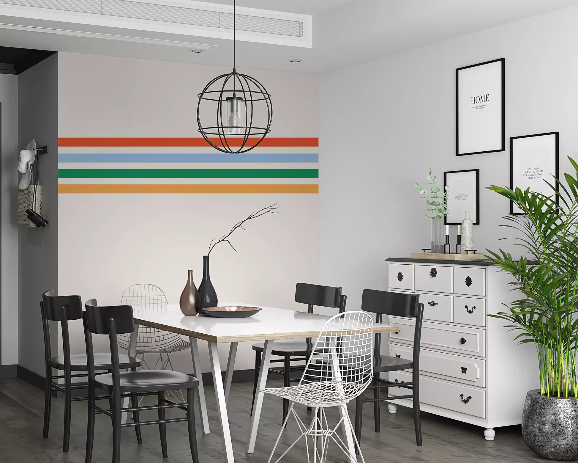 Dining room dressed in Horizontal Stripes wall mural showing red, blue, green, yellow
