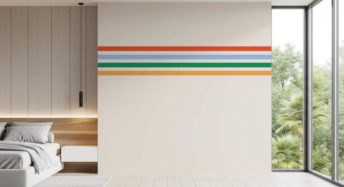 Bedroom wall finished in Retro Vibe Horizontal Stripes wall mural with bold bands